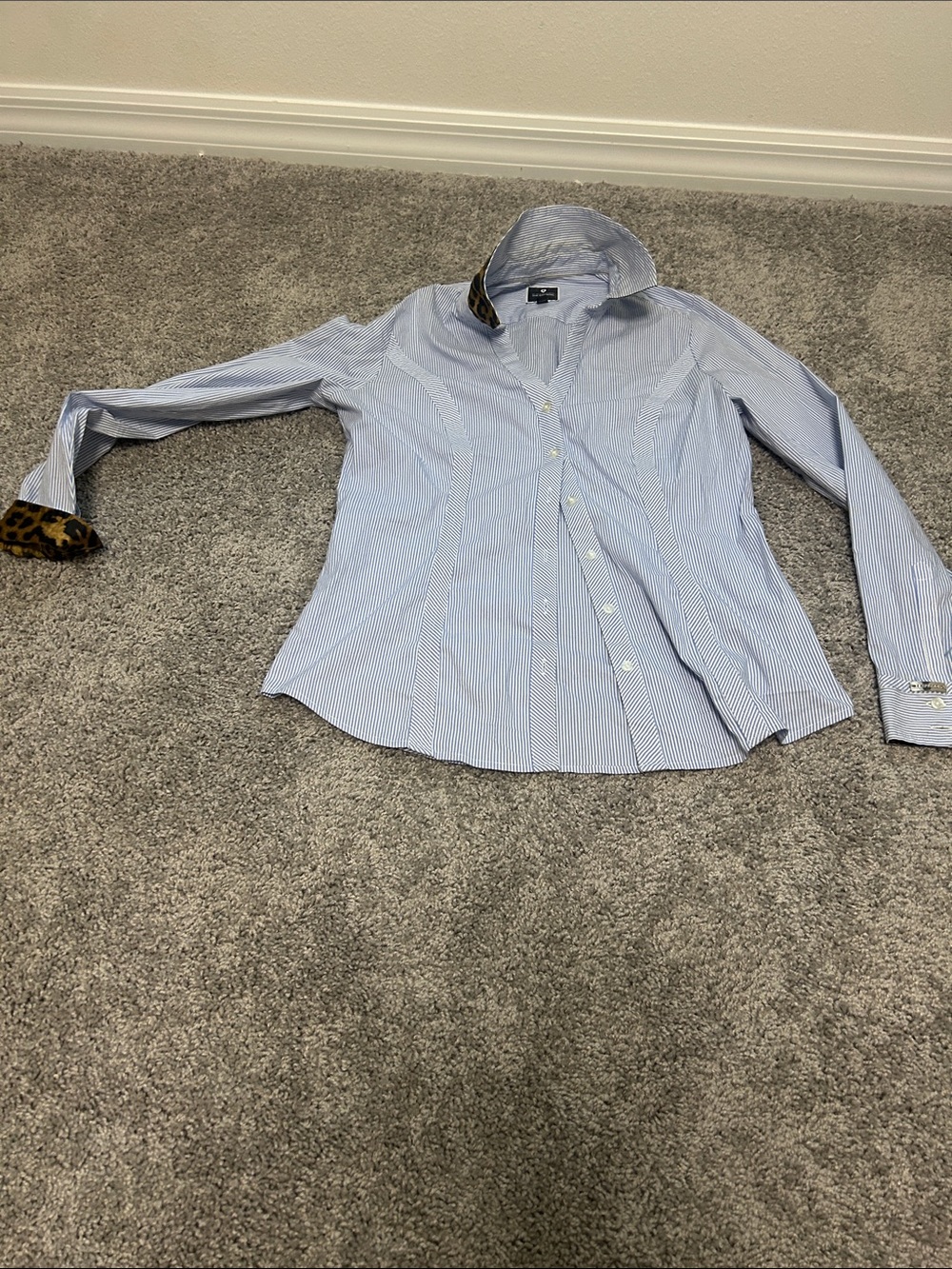 Express Women's Light Blue Pinstripe Button-Front Shirt with Leopard Trim